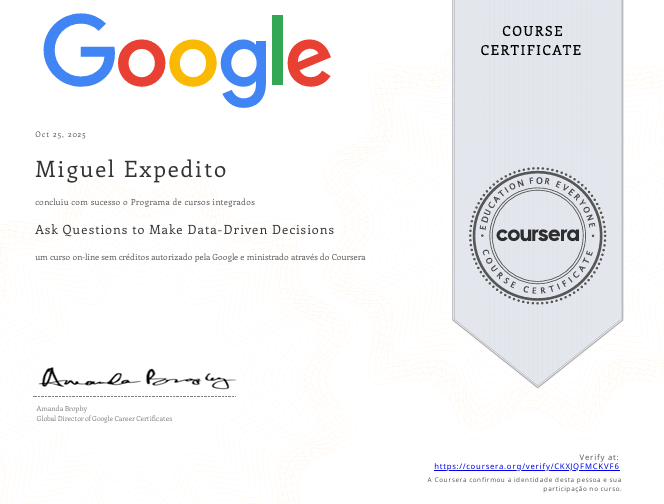 Certificado Coursera Ask Questions to Make Data-Driven Decisions